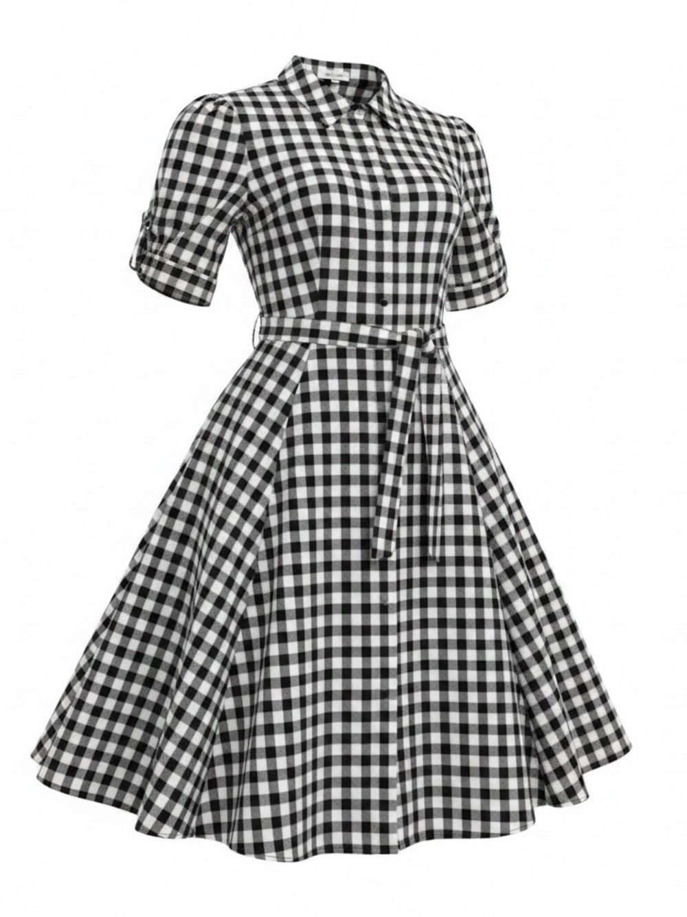 Calvin Klein Black and White Gingham High-Low Dress with Tie Waist - Picture 2 of 6